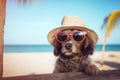 unny black dog with summer straw hat and sun glasses. Royalty Free Stock Photo