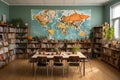 An unoccupied language classroom with maps, whiteboards, and foreign language books, evoking a sense of cultural exploration.