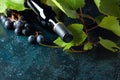 Unopened red wine bottle, vine twig, and ripe grapes on an old blue table Royalty Free Stock Photo