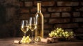 Vintage bottle of white wine without label and bunches of ripe organic grapes on grunged wood table background. AI Generative