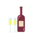 Unopened Wine and Two Glasses Vector Illustration