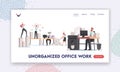 Unorganized Office Work Landing Page Template. Stressed People in Paper Garbage, Busy Employees Characters Deadline