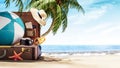 Unpacked travel suitcase on the beach anther the palm tree. Summer concept background