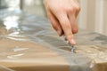 Unpacking the bed with grey mattress. Moving to new House Concept. selective focus. Royalty Free Stock Photo