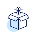 Unpacking a Christmas present. Parcel box and a snowflake. Pixel perfect, editable stroke