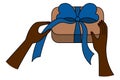 Unpacking the gift. African American hands and craft gift box. Colored vector illustration. Tie a blue bow on a surprise.