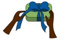 Unpacking the gift. African American hands and green gift box. Colored vector illustration. Tie a blue bow on a surprise.