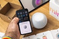 Unpacking latest Apple Computers HomePod Mini new small smart speaker featuring