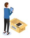 Unpacking parcel with electronic gadgets, man with opened cardbox holding digital tablet in hands