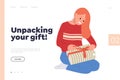 Unpacking your gifts landing page template with happy female cartoon character getting present