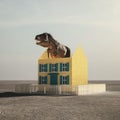 T rex inside a house . Unpaid bills concept .