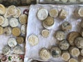 Unpasteurized french cheese on display at a farmer`s market. Royalty Free Stock Photo