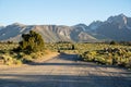 Unpaved road near the Hot Springs Geological Site in Mammoth Lakes California at the dusk golden hour. Leading lines