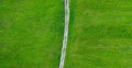Unpaved road with tire tracks across green field, view from above