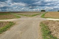 Unpaved rural road winding its way through a lush, green field Royalty Free Stock Photo