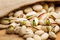 Unpeeled green pistachios in a burlap sack