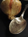 Unpeeled onion and a silver vintage spoon with water drops on a black background. Royalty Free Stock Photo