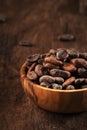 Unpeeled organic cocoa bean in bowl on wooden rustic table background. Copy space Royalty Free Stock Photo