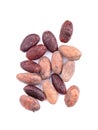 Unpeeled and peeled cacao beans, isolated on white background. Roasted and aromatic cocoa beans, natural chocolate. Top