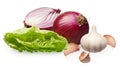 Unpeeled red onion with half, garlic with cloves, green salad