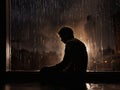 Unpleasant pain. silhouette of sad and unhappy man sitting in front of window in rainy night