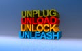 unplug unload unlock unleash on blue Royalty Free Stock Photo