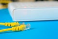 Unplugged ethernet cable and internet router on a blue background Royalty Free Stock Photo