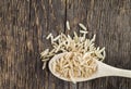 Unpolished white rice on a wooden spoon against a background of rough wood texture