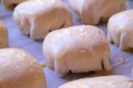 Unprepared sweet buns covered with raw egg, the dough on a baking sheet, the dough used to make fresh, homemade Royalty Free Stock Photo