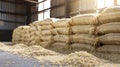 Unprocessed Rice Stacks in White Rice Mill Royalty Free Stock Photo