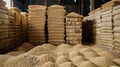 Unprocessed Rice Stacks in White Rice Mill Royalty Free Stock Photo