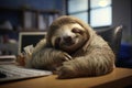 Unproductive Sloth sleeping office. Generate Ai