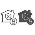 Unprotected building emblem and open lock line and solid icon, smart home symbol, property safety and protection vector