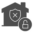 Unprotected building emblem and open lock solid icon, smart home symbol, property safety and protection vector sign
