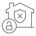Unprotected building emblem and open lock thin line icon, smart home symbol, property safety and protection vector sign