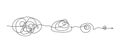 Unraveling line with arrow, showcasing a continuous, flowing thread that twists and turns. Isolated untangling line