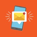 Unread email notification. New message on the smartphone screen. Vector illustration. Yellow email alert. Isolated on colorful