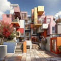 Unreal Bauhaus architecture, bright colors of the house. Square illustration. AI generative