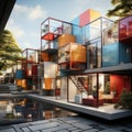 Unreal Bauhaus architecture. Square illustration. AI generative
