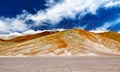 Unreal beautiful dry landscape, plain with dried salt lake plateau, colorful yellow red orange mountains, spectacular blue cloud