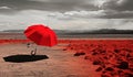 Unreal fantastic landscape with red umbrella. AI generated