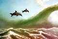 Unreal illustration of dolphins jumping and flying over high waves in the ocean, made with generative AI Royalty Free Stock Photo