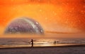 Unreal landscape of dancer silhouette dancing on the beach of alien planet at sunset. Elements of this image furnished by NASA.