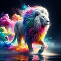 Unreal lion in a fantastic and fantasy environment with the colors of the rainbow. Digital art. AI generated Royalty Free Stock Photo