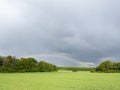 Unreal meadow in spring rainy day with rainbow