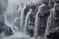 Unreal monochrome cascades of a waterfall between filigree wooden constructions, made with generative ai Royalty Free Stock Photo