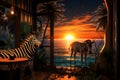 another reality, neural network generated art with zebras at evening cafe blended with sunset beach Royalty Free Stock Photo