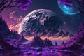 A surreal alien purple landscape with mountains and moons. Royalty Free Stock Photo