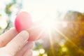 Person holding heart shaped plum against the sun. Love concept lifestyle image with sun flare. Valentine`s day background. Royalty Free Stock Photo