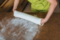 Unrecognisable woman preparing white fondant for cake decorating, hands detail. Royalty Free Stock Photo